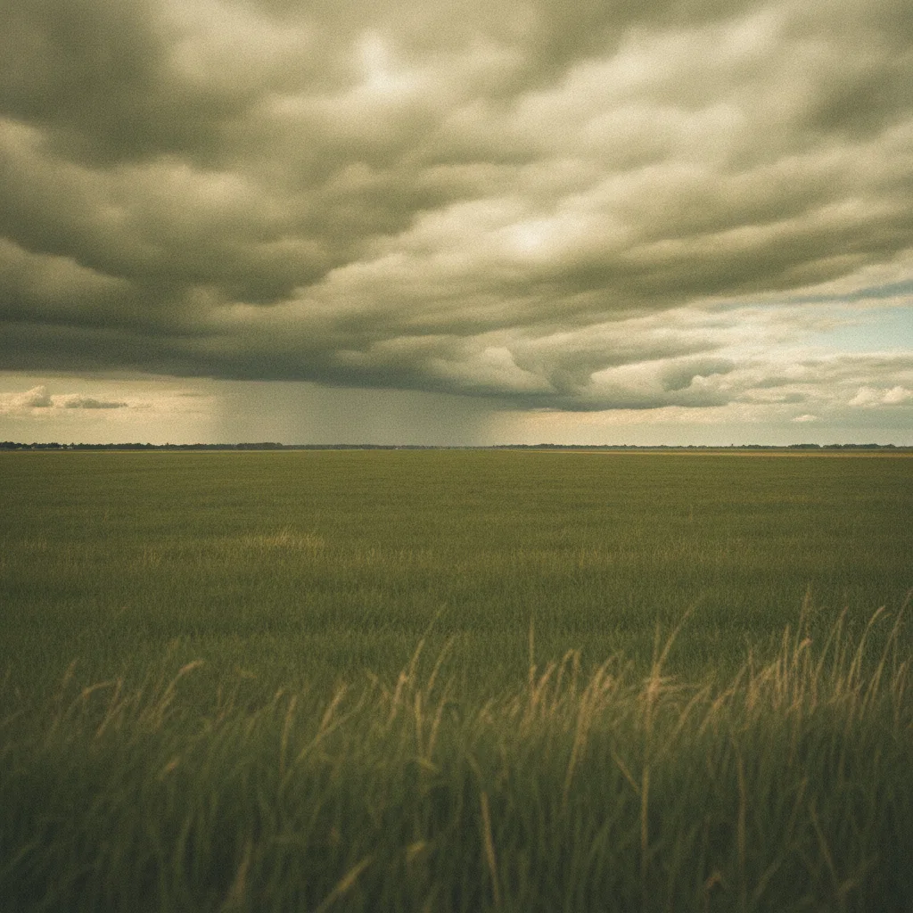 Weids open landschap met lage horizon, dramatische wolkenlucht en groen grasland in Nederland