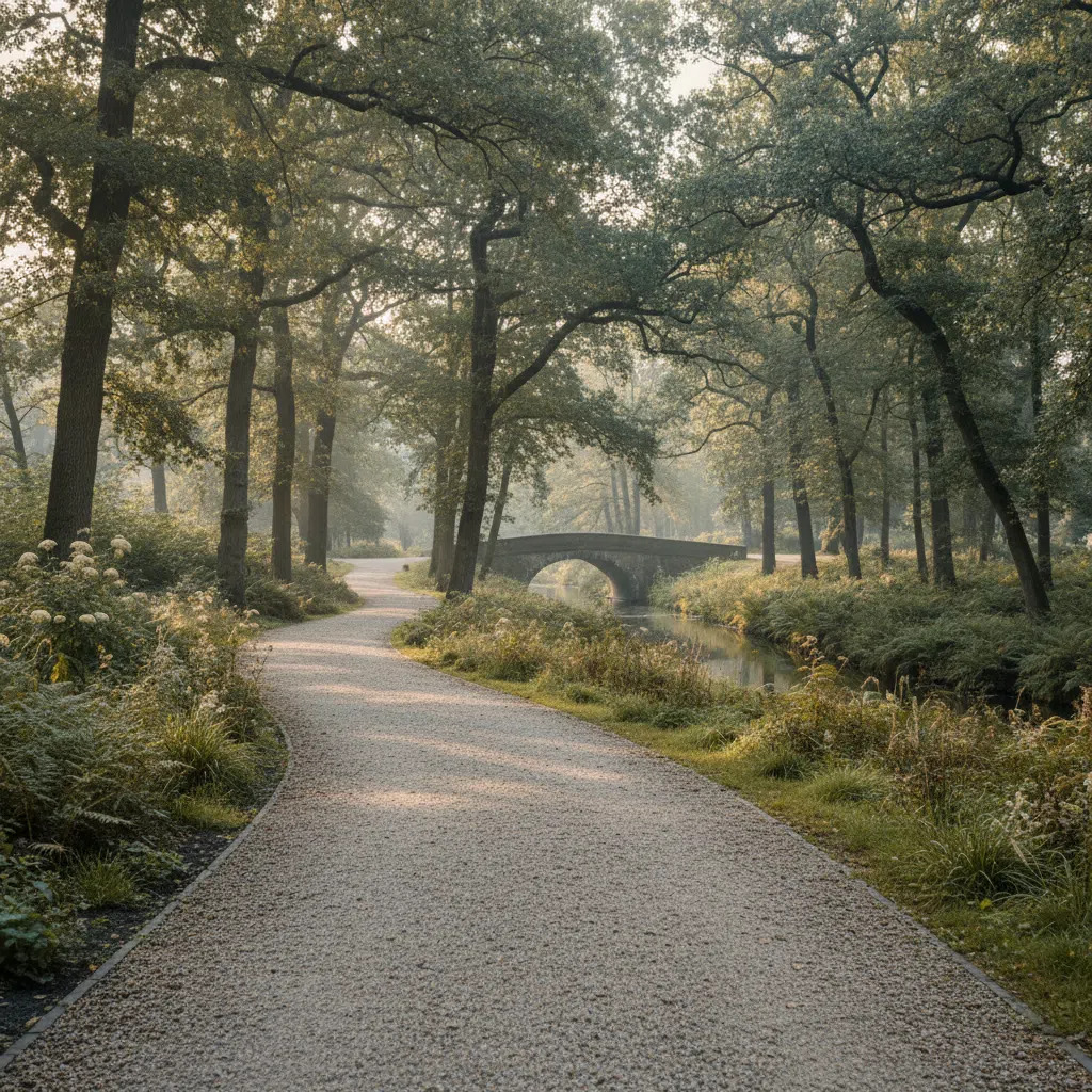 Breed panoramisch uitzicht over een groen Nederlands park met wandelpaden in de ochtendzon