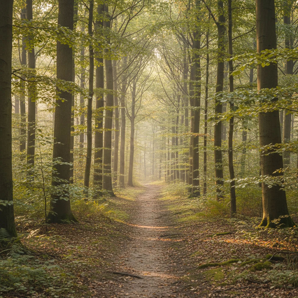 Smal aarden pad door een lichtgroen loofbos in Nederland in de ochtend