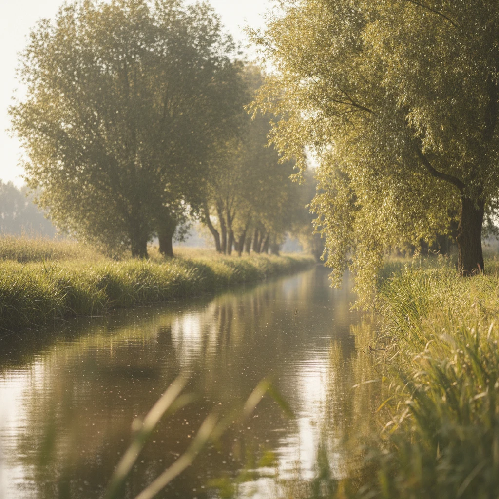 Kalm groen kanaal omgeven door riet en wilgen op een zonnige middag