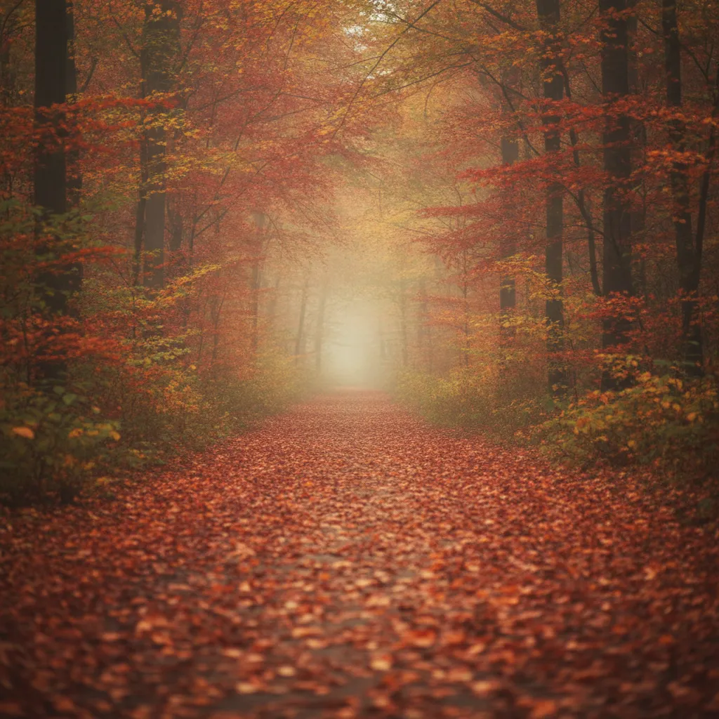 Geel en rood herfstbos met gevallen bladeren op een breed bospad in ochtendlicht
