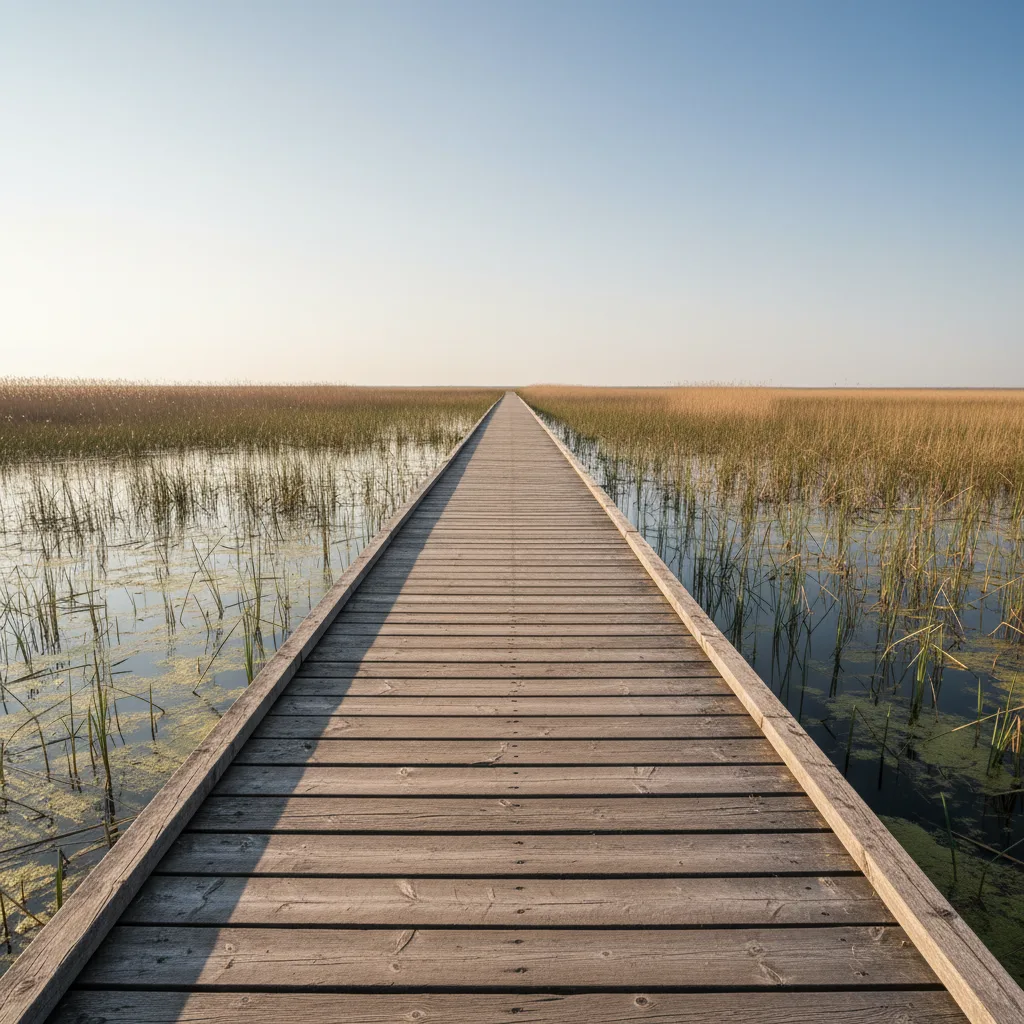 Houten vlonder­pad door een weids moerasgebied met riet en open lucht in Nederland